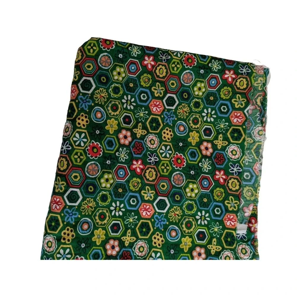 Vintage Bloomcraft Screenprint Fabric Green‎ Floral Hexagon Geometric 1 Yard
